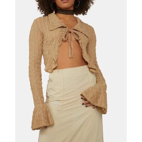 Zemeta Womens Open Front Cardigan Medium Brown Collared Bell Sleeve Cropped - Picture 1 of 11